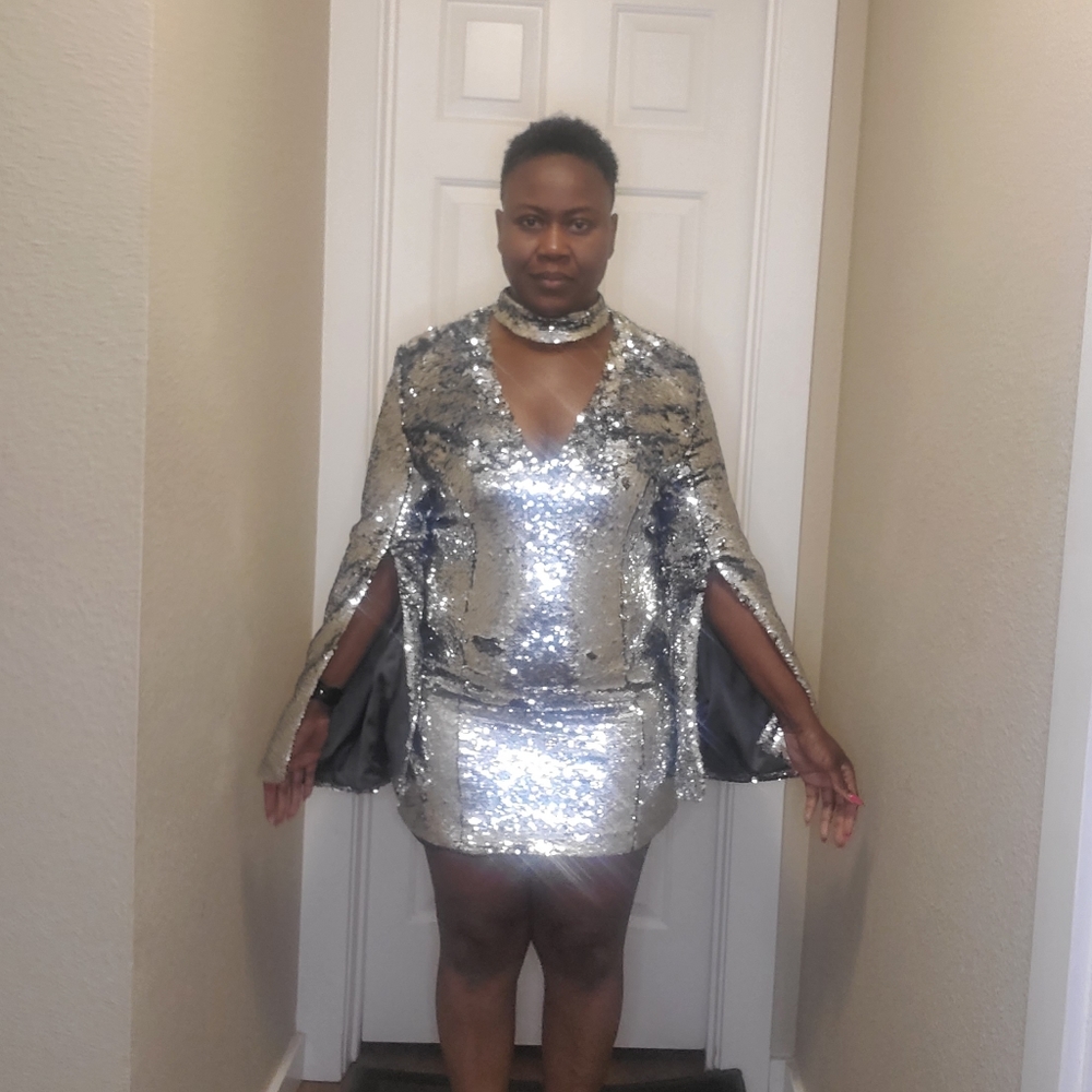 BeBe silver sequin split sleeve mini dress